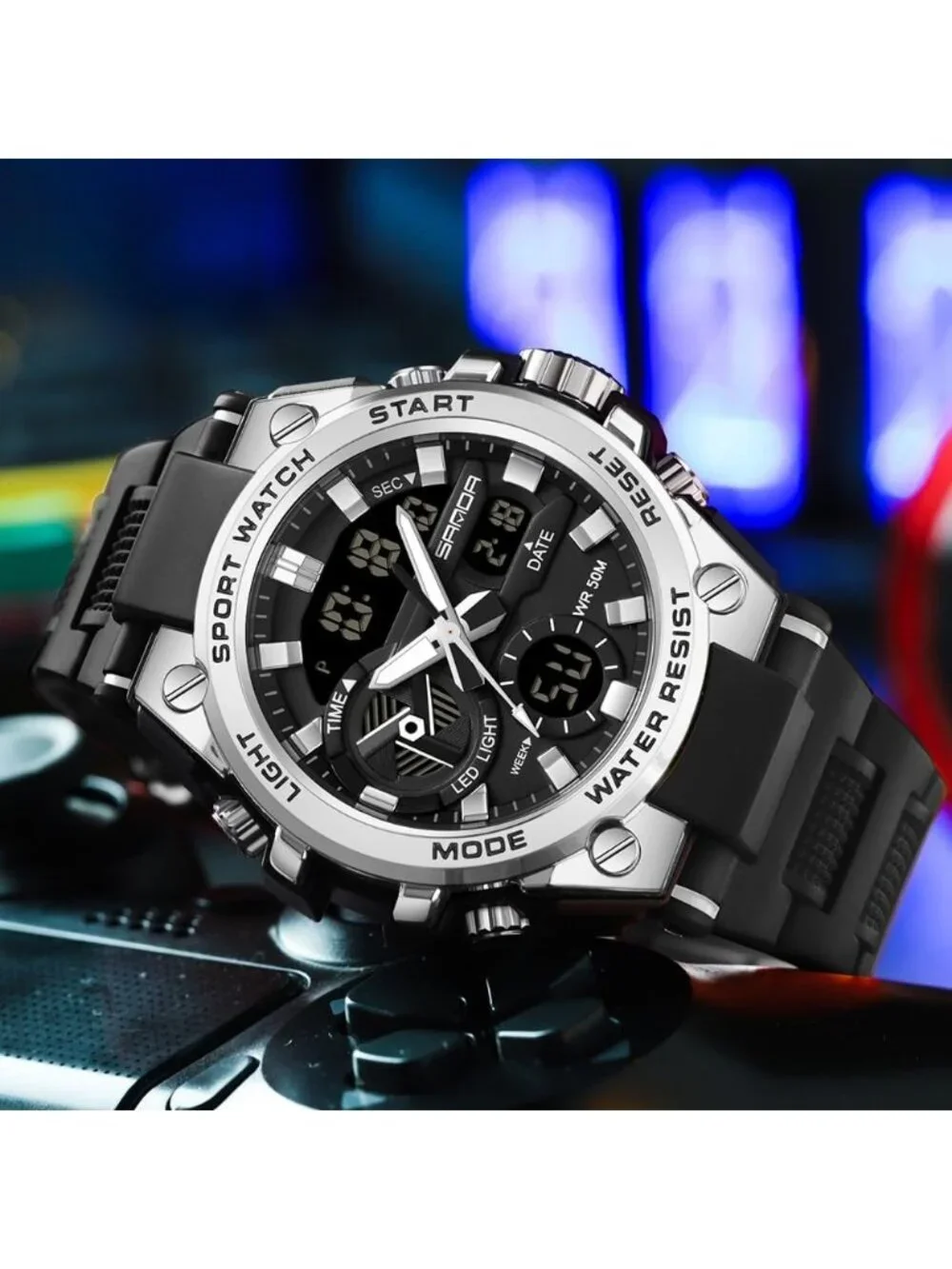 Men's Black And White Analog Quartz Sports Waterproof Military LED Digital Watch